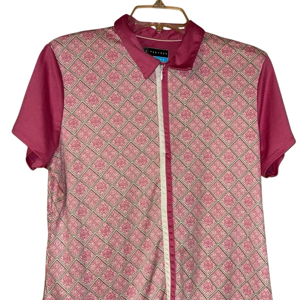 PGA Tour Women’s Zip Polo Shirt Golf Active Pink White Geometric Size‎ Large